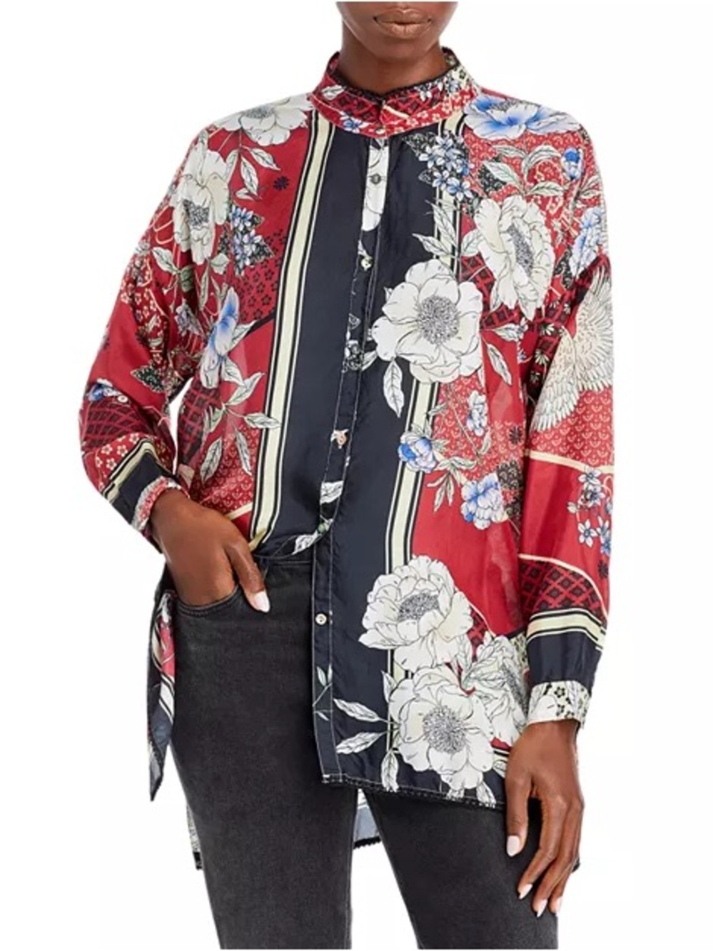 Johnny Was 100% Silk Crane Mallory Button Up Blouse Shirt Red Navy Floral Large